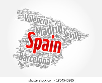 List of cities and towns in SPAIN, map word cloud collage, business and travel concept background