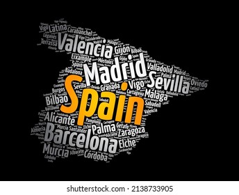 List of cities and towns in SPAIN, map word cloud collage, business and travel concept background