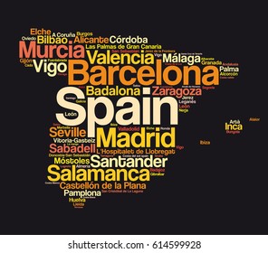 List of cities and towns in SPAIN, map word cloud collage, business and travel concept background
