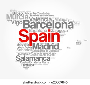 List of cities and towns in SPAIN, map word cloud collage, business and travel concept background