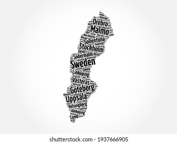 List of cities and towns in Sweden, map word cloud collage, business and travel concept background