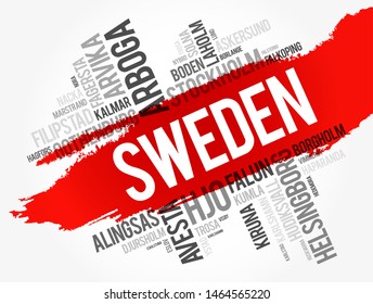 List of cities and towns in Sweden, word cloud collage, business and travel concept background