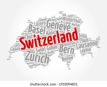 List of cities and towns in Switzerland, map word cloud collage, business and travel concept background