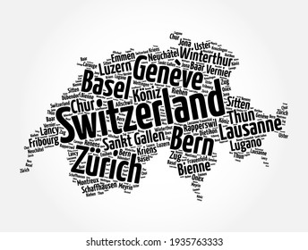 List of cities and towns in Switzerland, map word cloud collage, business and travel concept background