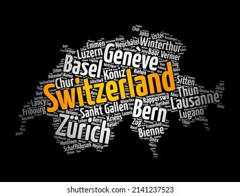 List of cities and towns in Switzerland, map word cloud collage, business and travel concept background