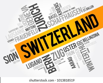 List of cities and towns in Switzerland, word cloud collage, business and travel concept background