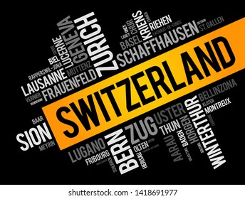 List of cities and towns in Switzerland, word cloud collage, business and travel concept background