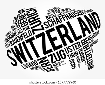 List of cities and towns in Switzerland, word cloud collage, business and travel concept background