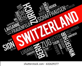 List of cities and towns in Switzerland, word cloud collage, business and travel concept background