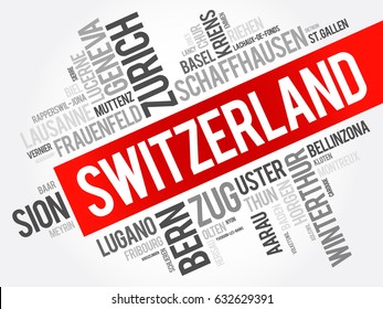 List of cities and towns in Switzerland, word cloud collage, business and travel concept background