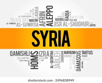 List of cities and towns in Syria, word cloud collage, business and travel concept background