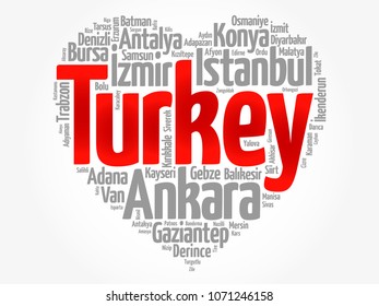 List of cities and towns in Turkey composed in love sign heart shape, word cloud collage, business and travel concept background