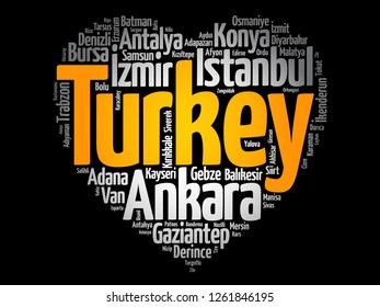 List of cities and towns in Turkey composed in love sign heart shape, word cloud collage, business and travel concept background