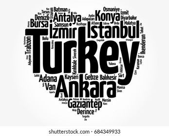 List of cities and towns in Turkey composed in love sign heart shape, word cloud collage, business and travel concept background