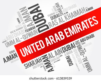 List of cities and towns in United Arab Emirates - UAE, word cloud collage, business and travel concept background