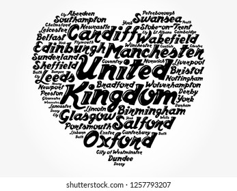 List of cities and towns in the United Kingdom composed in love sign heart shape, word cloud collage, business and travel concept background