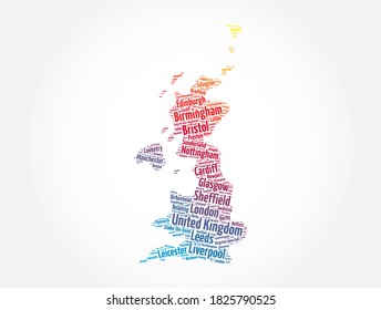 List of cities and towns in UNITED KINGDOM, map word cloud collage, business and travel concept background