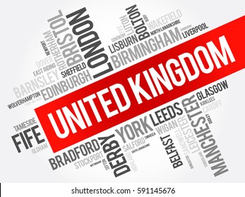 List of cities and towns in the United Kingdom, word cloud collage, travel concept background