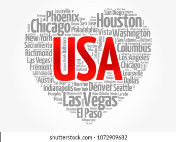 List of cities and towns in USA composed in love sign heart shape, word cloud collage, business and travel concept background