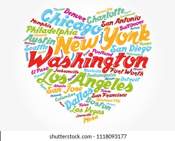 List of cities and towns in USA composed in love sign heart shape, word cloud collage, business and travel concept background