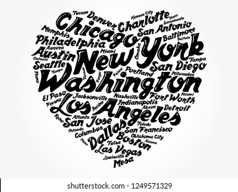 List of cities and towns in USA composed in love sign heart shape, word cloud collage, business and travel concept background