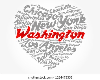 List of cities and towns in USA composed in love sign heart shape, word cloud collage, business and travel concept background