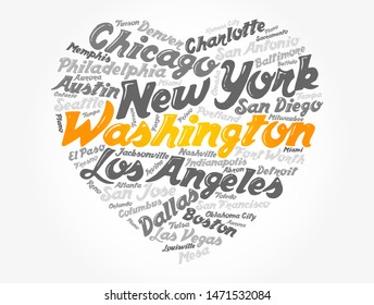 List of cities and towns in USA composed in love sign heart shape, word cloud collage, business and travel concept background