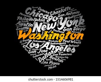 List of cities and towns in USA composed in love sign heart shape, word cloud collage, business and travel concept background