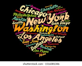 List of cities and towns in USA composed in love sign heart shape, word cloud collage, business and travel concept background