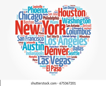 List of cities and towns in USA composed in love sign heart shape, word cloud collage, business and travel concept background