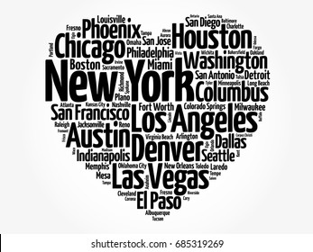 List of cities and towns in USA composed in love sign heart shape, word cloud collage, business and travel concept background