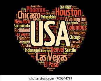 List of cities and towns in USA composed in love sign heart shape, word cloud collage, business and travel concept background