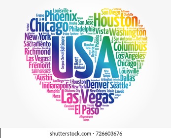 List of cities and towns in USA composed in love sign heart shape, word cloud collage, business and travel concept background