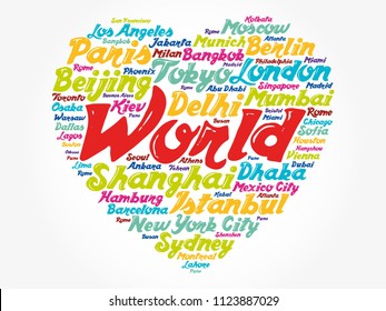List of cities and towns in the WORLD composed in love sign heart shape, word cloud collage, business and travel concept background