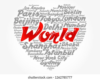 List of cities and towns in the WORLD composed in love sign heart shape, word cloud collage, business and travel concept background