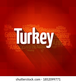 List of cities in Turkey, map silhouette word cloud, business and travel concept background