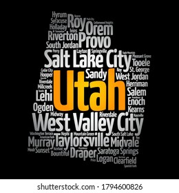 List of cities in Utah USA state, map silhouette word cloud, map concept background svg