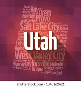 List of cities in Utah USA state, map silhouette word cloud, map concept background svg