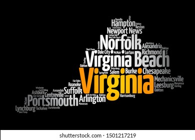 List of cities in Virginia USA state, map silhouette word cloud map concept