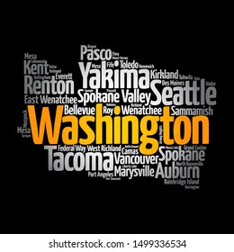 List of cities in Washington USA state, map silhouette word cloud map concept