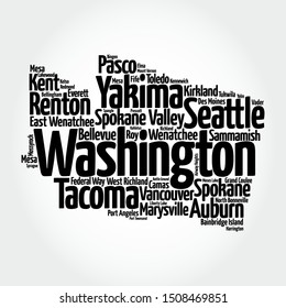 List of cities in Washington USA state, map silhouette word cloud map concept