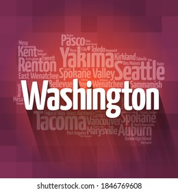 List of cities in Washington USA state, map silhouette word cloud map concept
