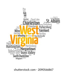 List of cities in West Virginia USA state, map silhouette word cloud, map concept background