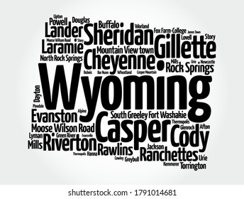 List of cities in Wyoming USA state, map silhouette word cloud, map concept background