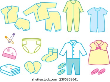 List of clothing item for newborn to toddler, Adjustable line width vector icon set 