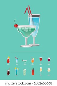 List of cocktails, choose your refreshing alcoholic drink poster design, menu cover with juices on choice, alcohol flat vector icons glass beverages