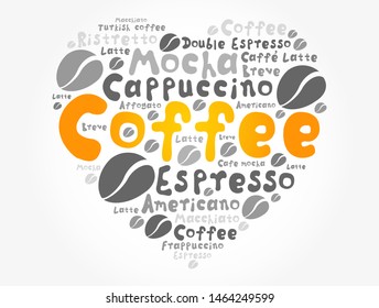 List of coffee drinks composed in love sign heart shape, words cloud collage, poster background