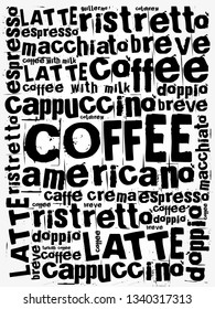 List of coffee drinks word cloud, poster background
