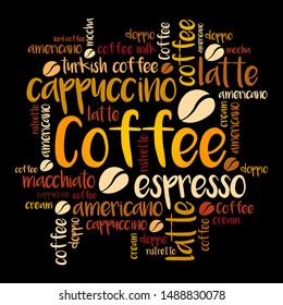 List of coffee drinks word cloud, poster background