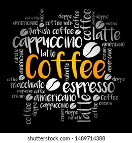 List of coffee drinks word cloud, poster background